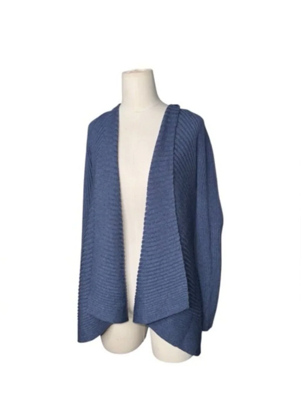 Eileen Fisher Merino Wool Open Front Cardigan Soft Ribbed Knit Blue Draped PM - Picture 2 of 5